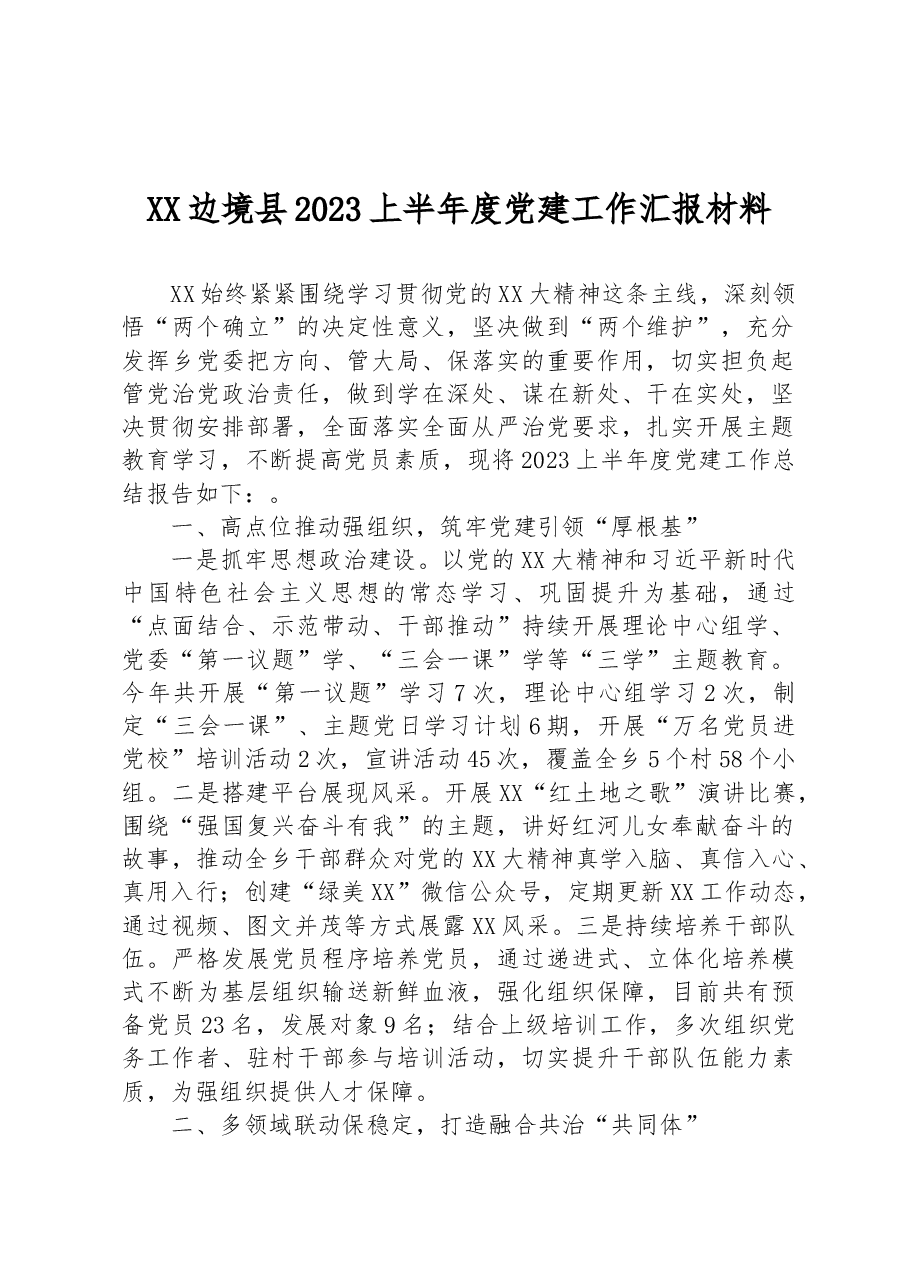 XX边境县2023上半年度党建工作汇报材料.docx,第1页预览