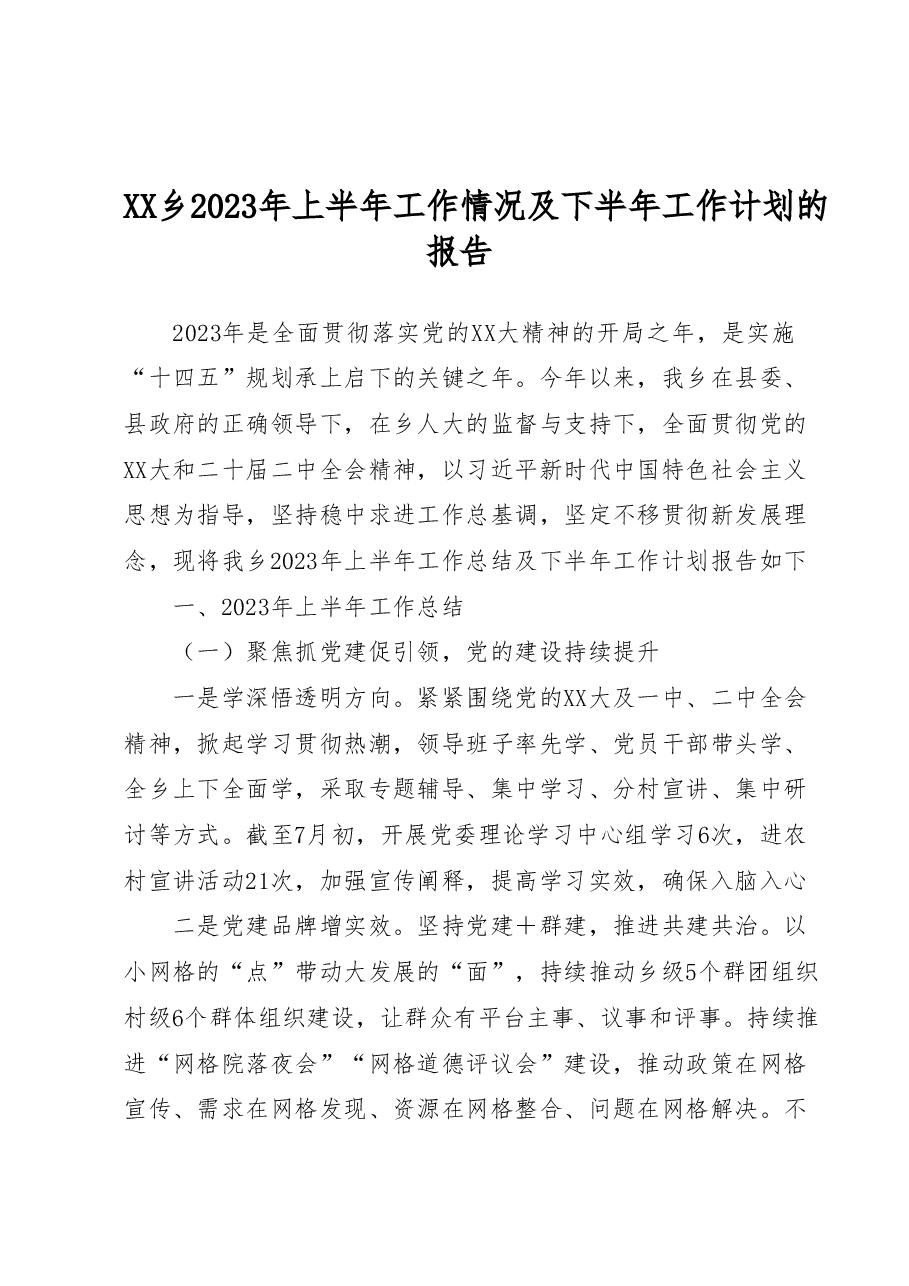 XX乡2023年上半年工作情况及下半年工作计划的报告.docx,第1页预览