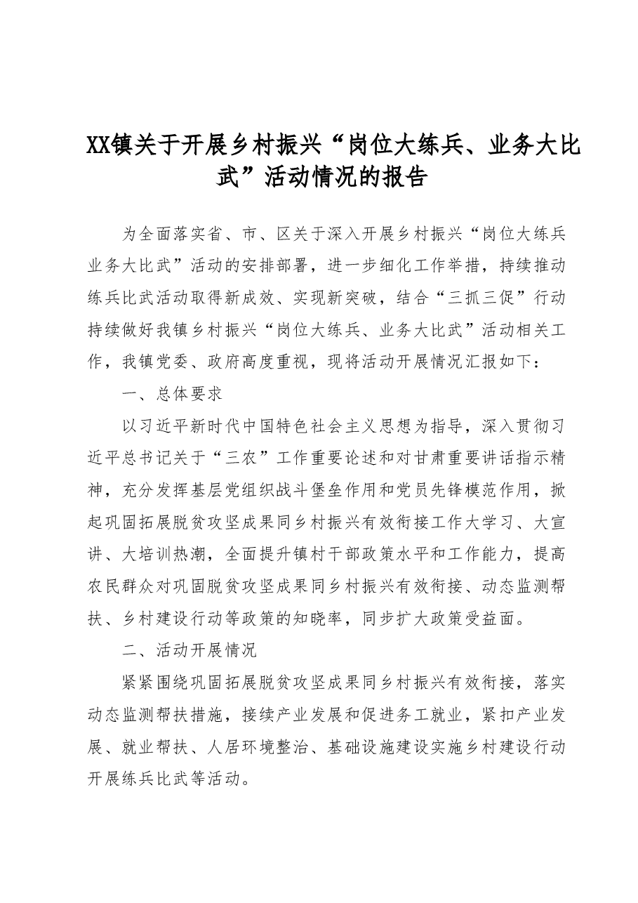 XX镇关于开展乡村振兴“岗位大练兵、业务大比武”活动情况的报告.docx,第1页预览
