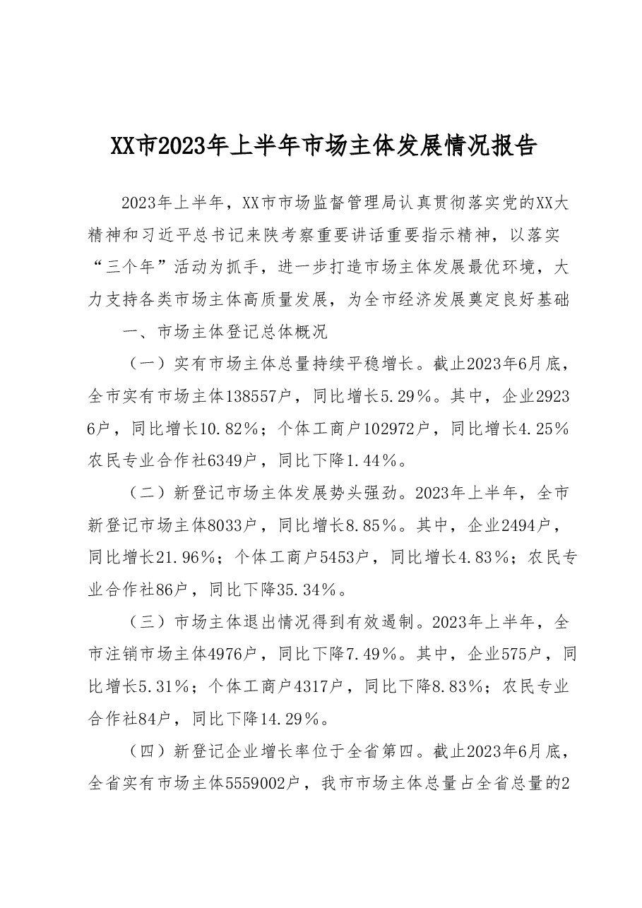 XX市2023年上半年市场主体发展情况报告.docx,第1页预览