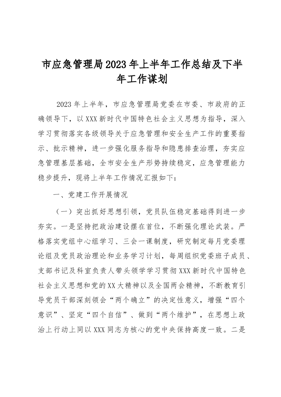市应急管理局2023年上半年工作总结及下半年工作谋划.docx,第1页预览