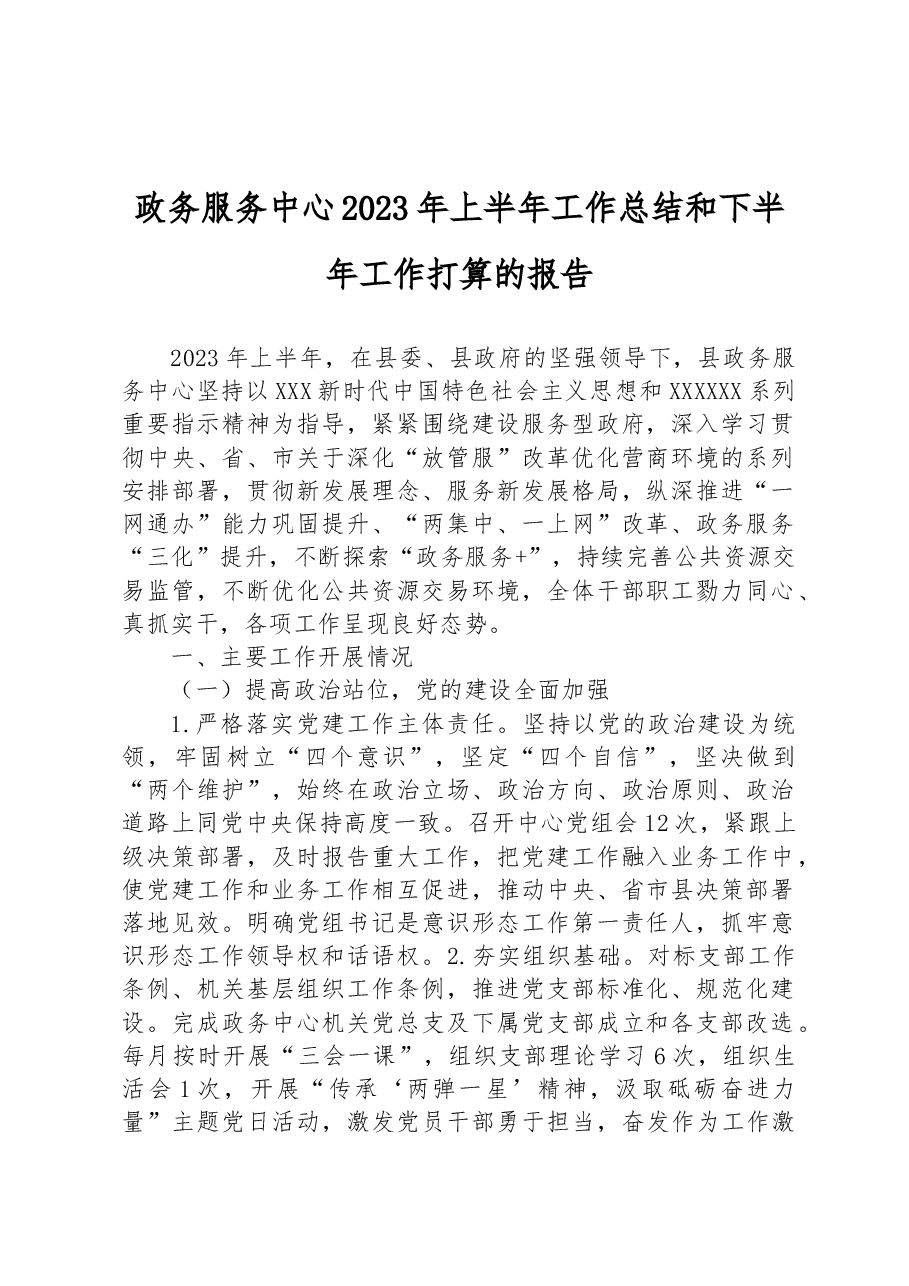 政务服务中心2023年上半年工作总结和下半年工作打算的报告.docx,第1页预览