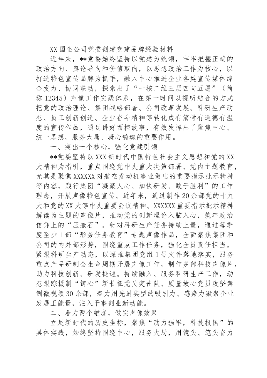 XX国企公司党委创建党建品牌经验材料.docx,第1页预览