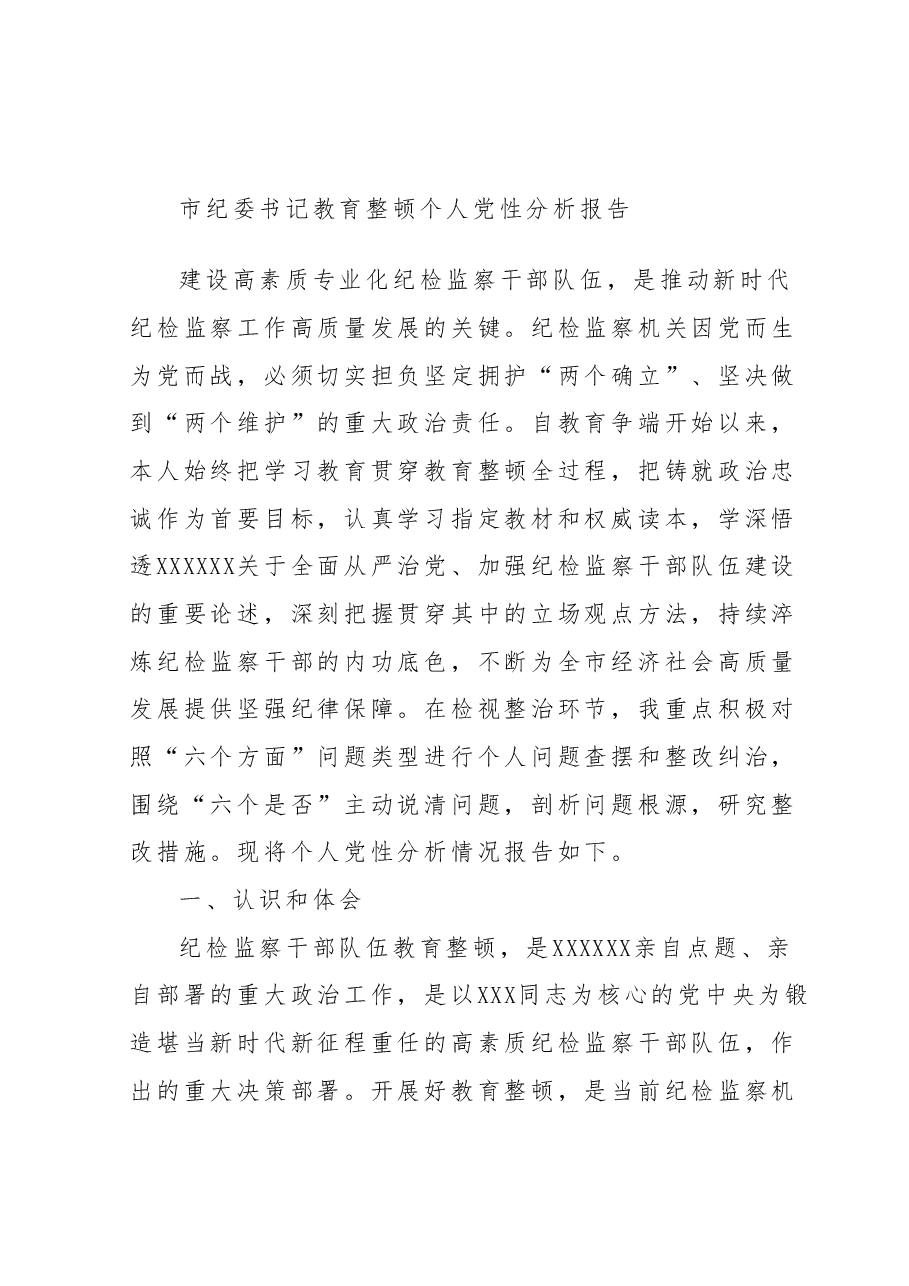 市纪委书记教育整顿个人党性分析报告.docx,第1页预览