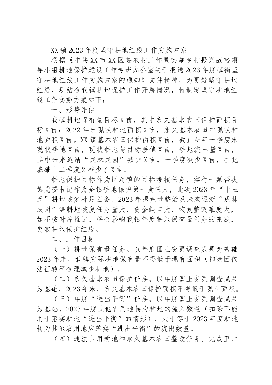 XX镇2023年度坚守耕地红线工作实施方案.docx,第1页预览