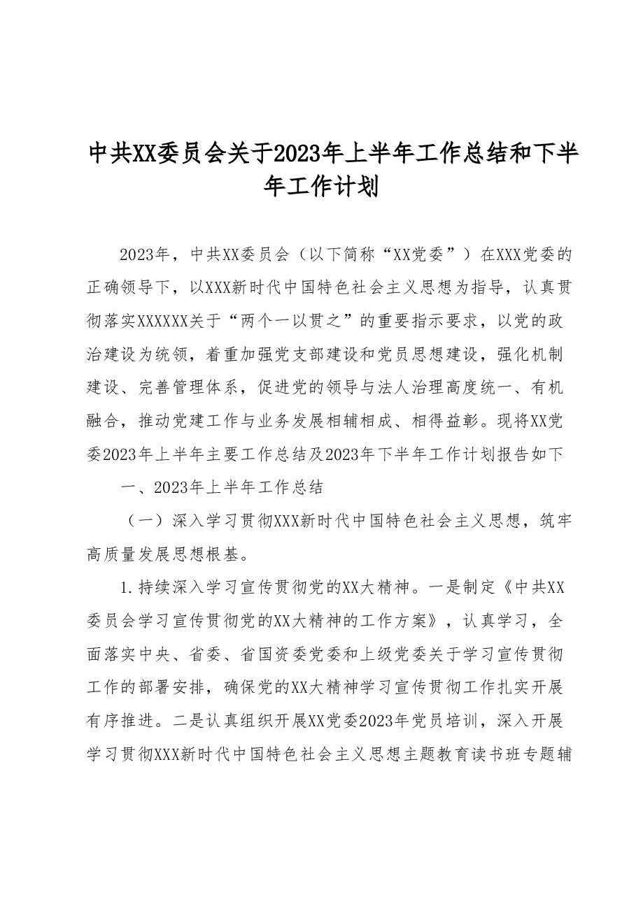 中共XX委员会关于2023年上半年工作总结和下半年工作计划.docx,第1页预览