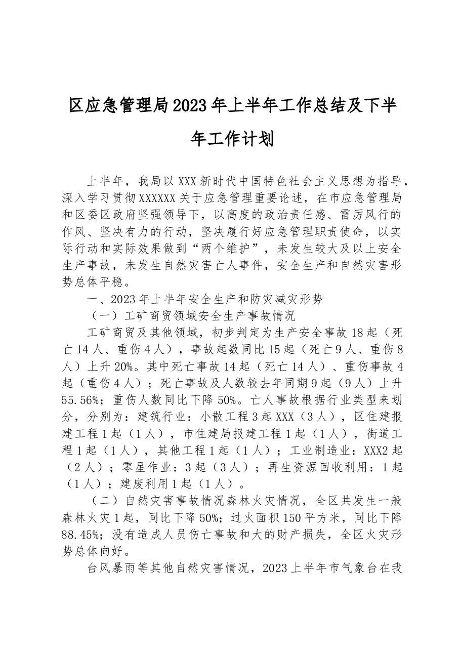 区应急管理局2023年上半年工作总结及下半年工作计划.docx,第1页预览