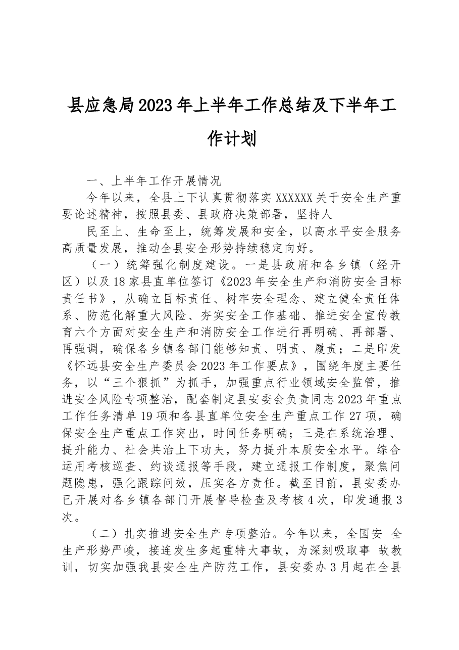 县应急局2023年上半年工作总结及下半年工作计划.docx，第1页预览