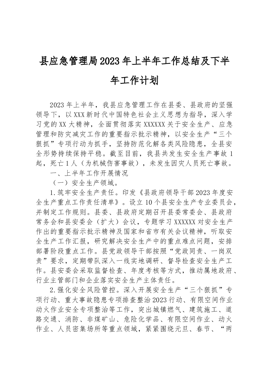 县应急管理局2023年上半年工作总结及下半年工作计划.docx,第1页预览