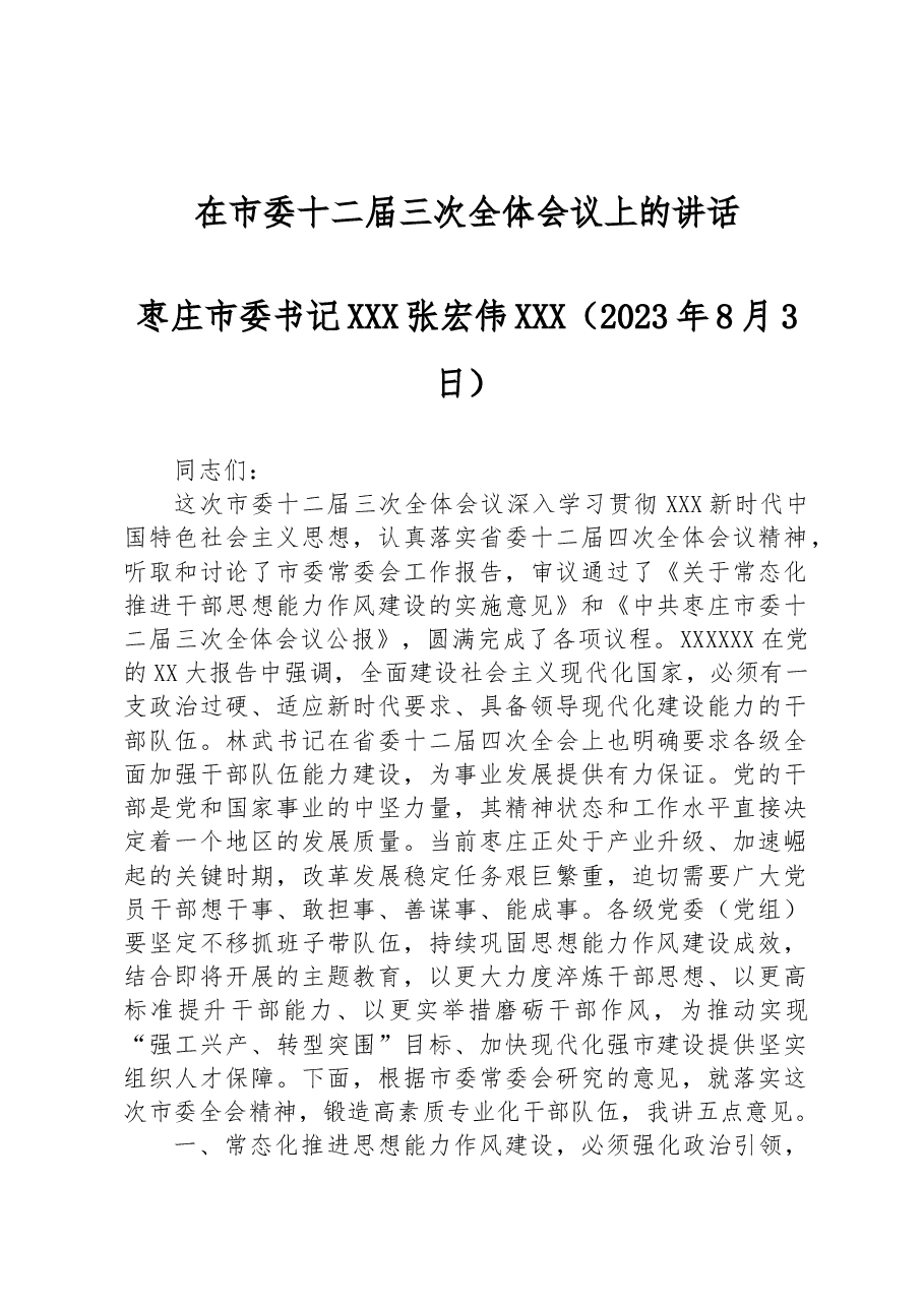 枣庄市委书记张宏伟:在市委十二届三次全体会议上的讲话.docx,第1页预览