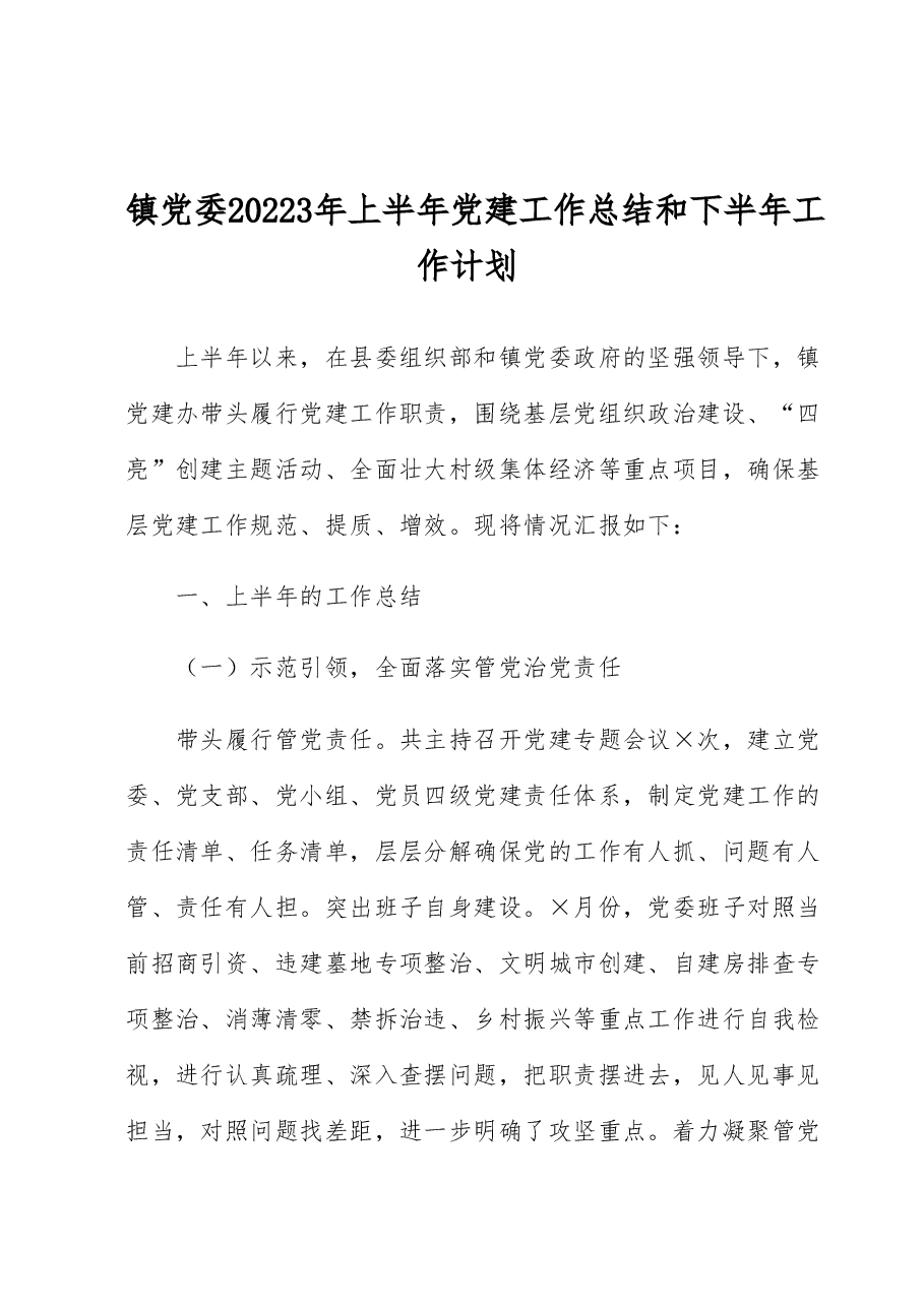 镇党委20223年上半年党建工作总结和下半年工作计划.docx,第1页预览