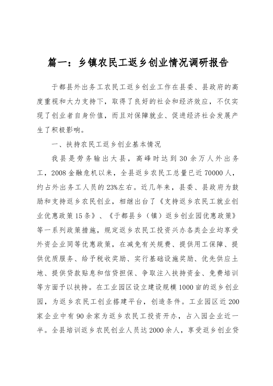 （2篇）乡镇农民工返乡创业情况调研报告.docx，第1页预览