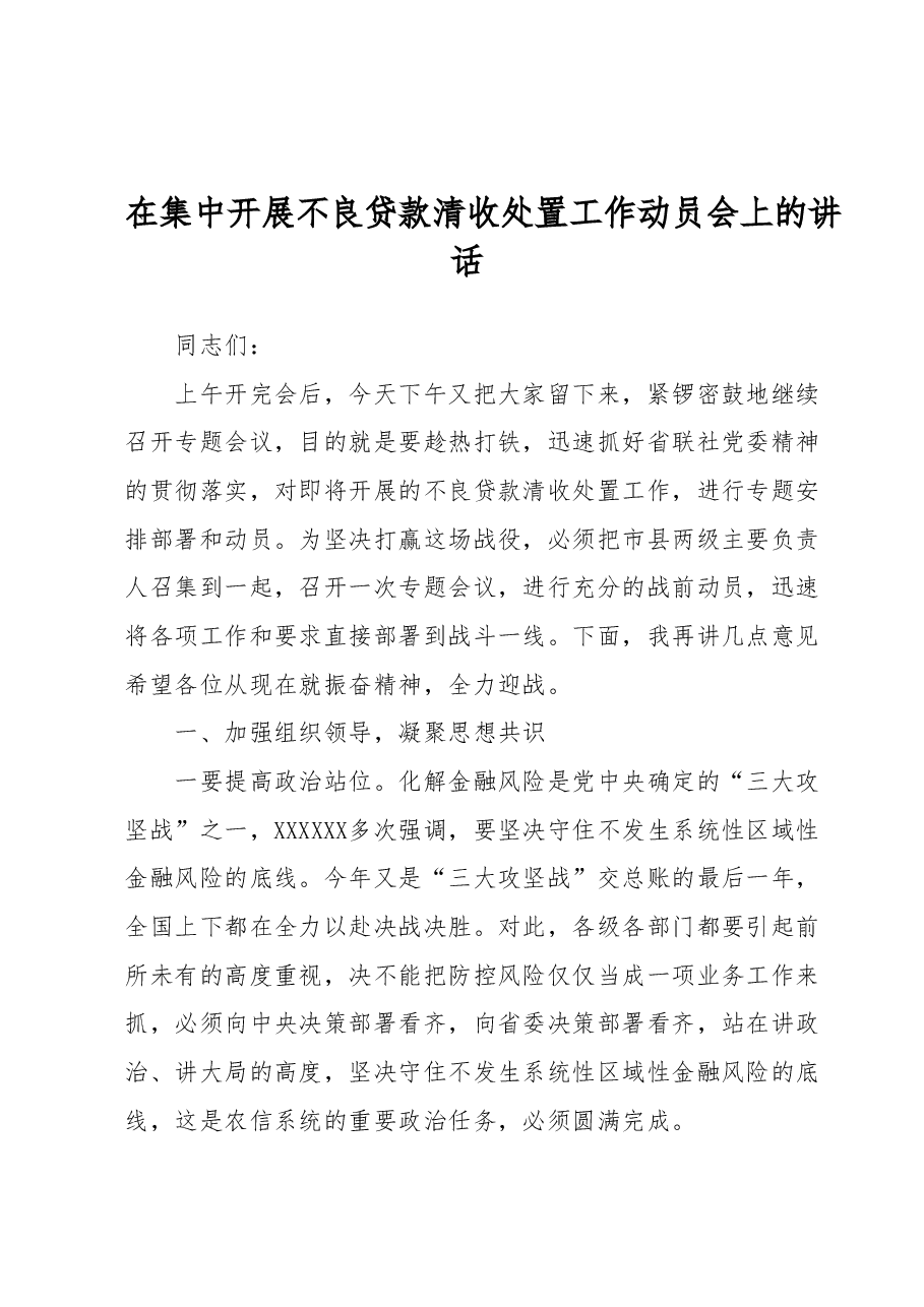 在集中开展不良贷款清收处置工作动员会上的讲话.docx，第1页预览
