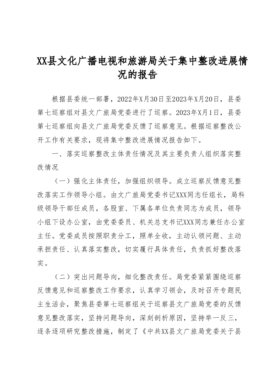 XX县文化广播电视和旅游局关于集中整改进展情况的报告.doc,第1页预览