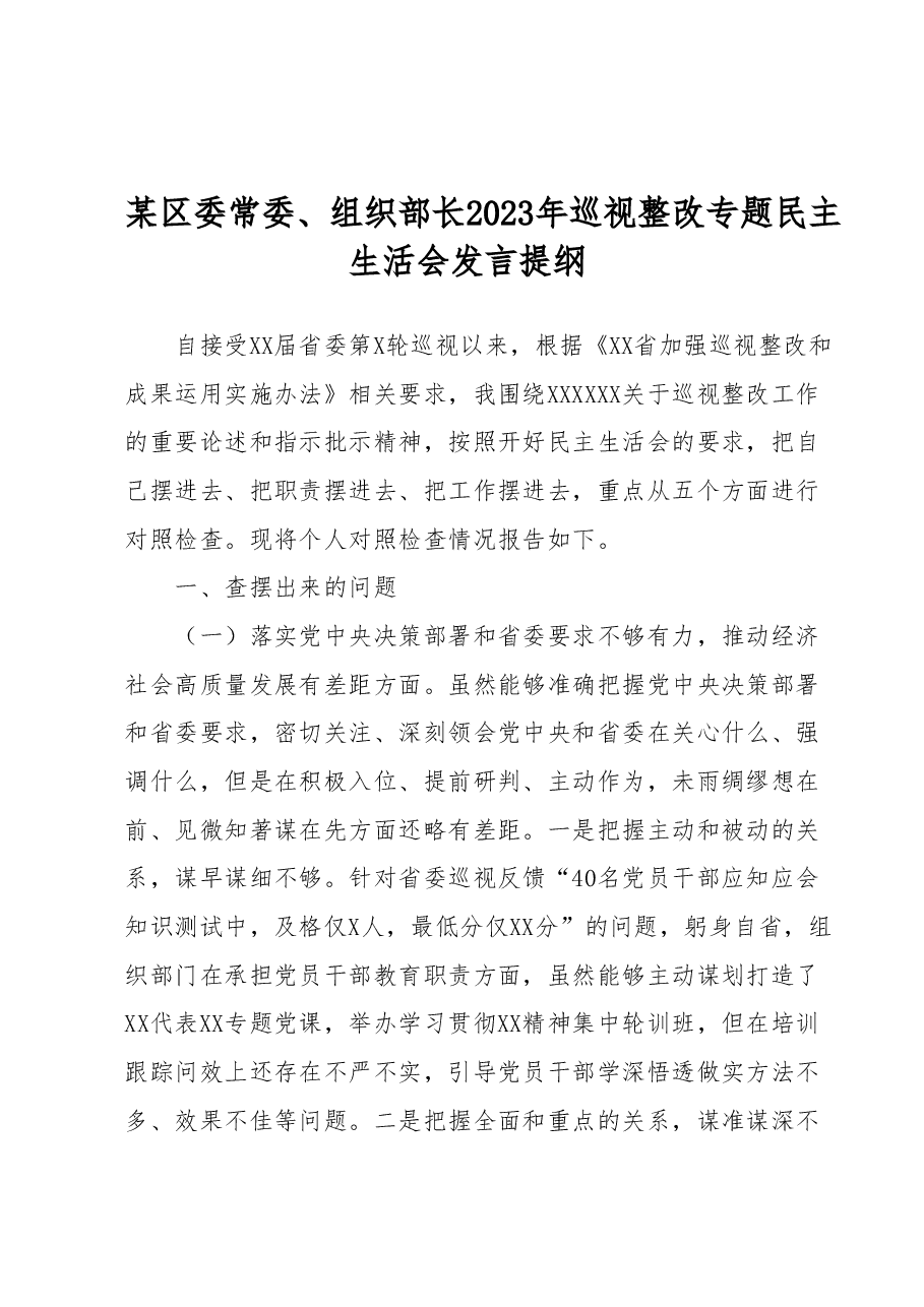 某区委常委、组织部长2023年巡视整改专题民主生活会发言提纲.docx,第1页预览