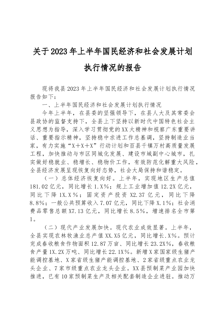 关于2023年上半年国民经济和社会发展计划执行情况的报告.docx,第1页预览
