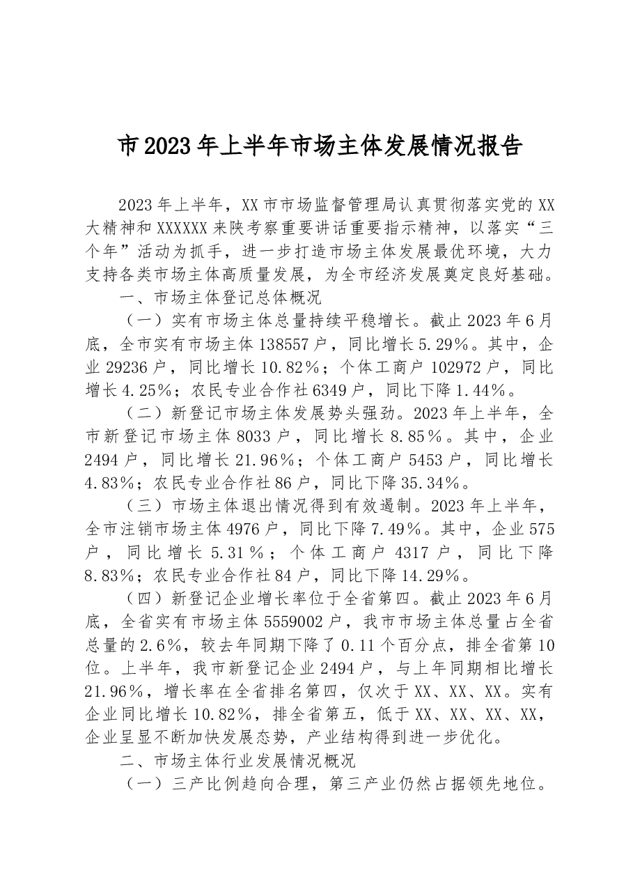 市2023年上半年市场主体发展情况报告.docx，第1页预览