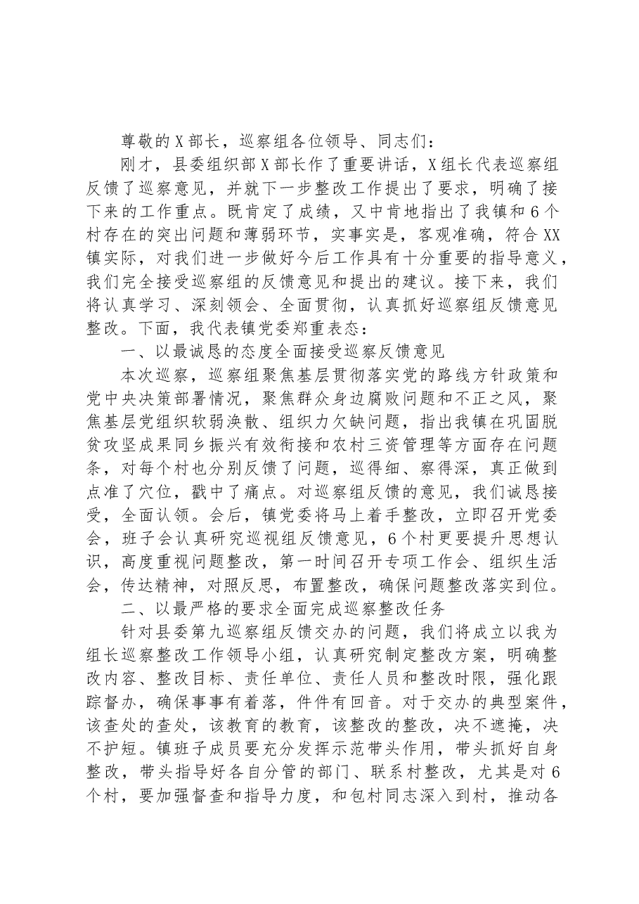 镇党委书记在县委巡察组巡察镇村工作情况反馈会上的表态发言.docx,第1页预览