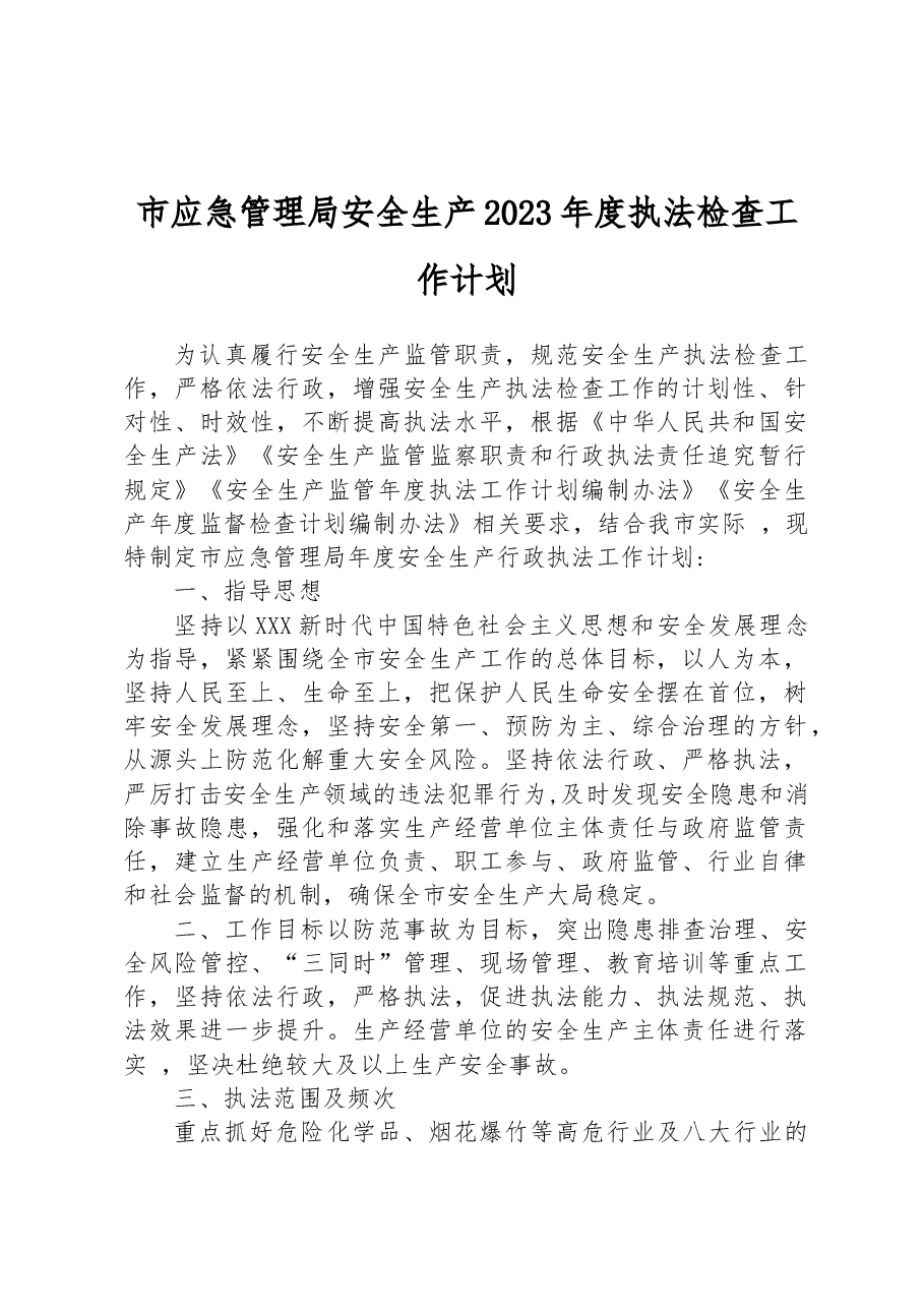 市应急管理局安全生产2023年度执法检查工作计划.docx,第1页预览