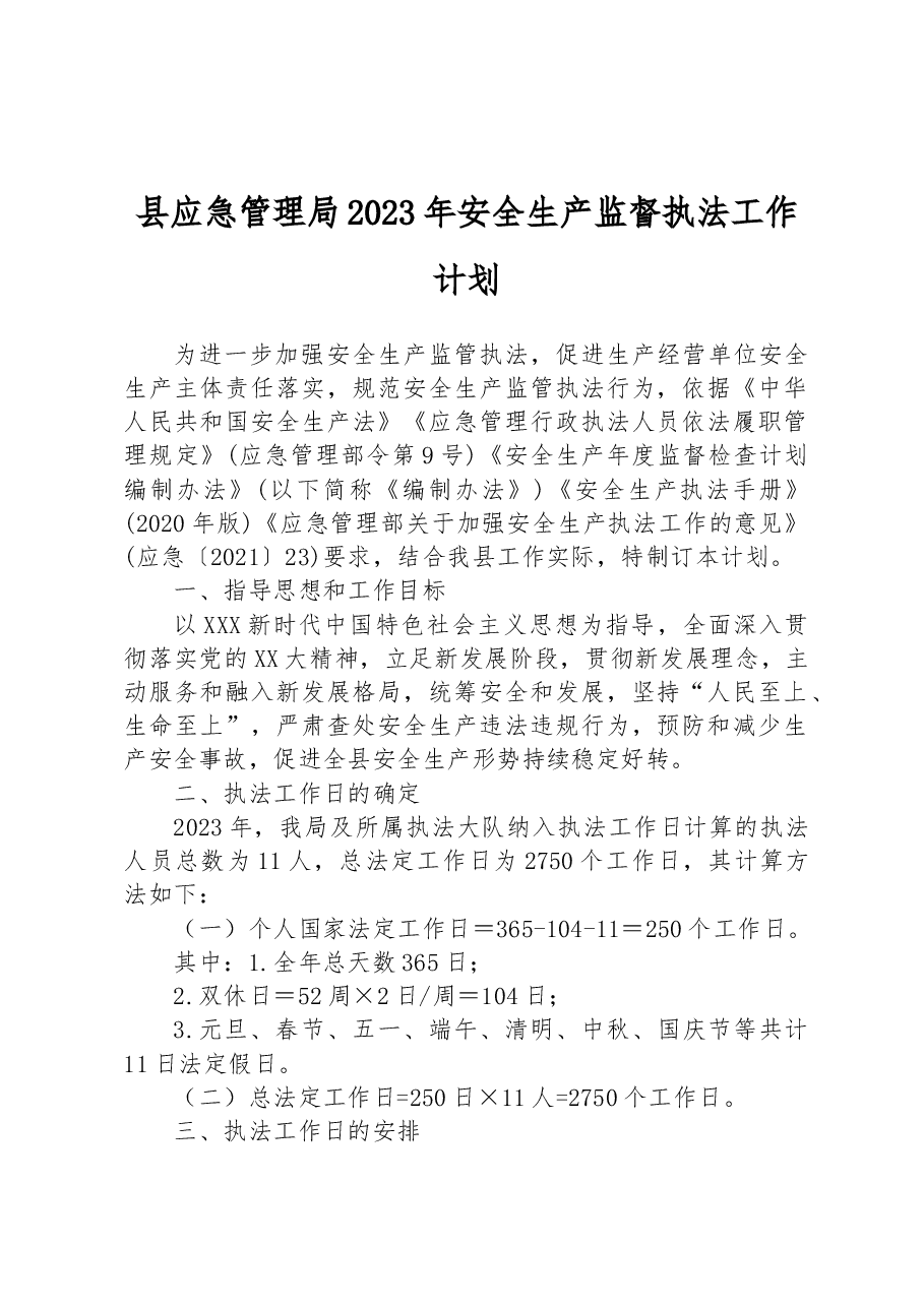 县应急管理局2023年安全生产监督执法工作计划.docx,第1页预览