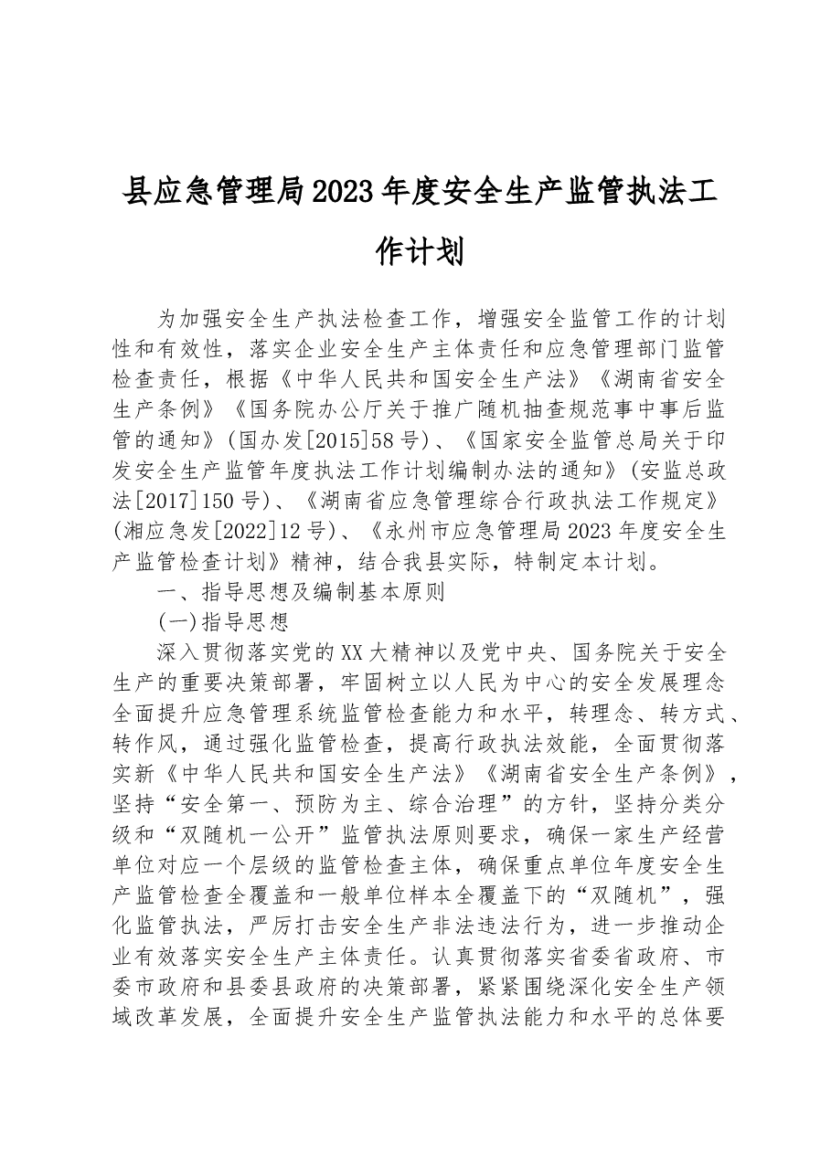 县应急管理局 2023 年度安全生产监管执法工作计划.docx,第1页预览