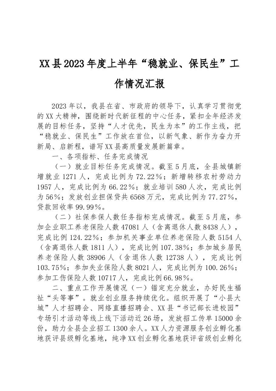 XX县2023年度上半年“稳就业、保民生”工作情况汇报.docx,第1页预览