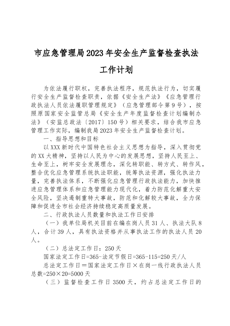 市应急管理局2023年安全生产监督检查执法工作计划.docx,第1页预览