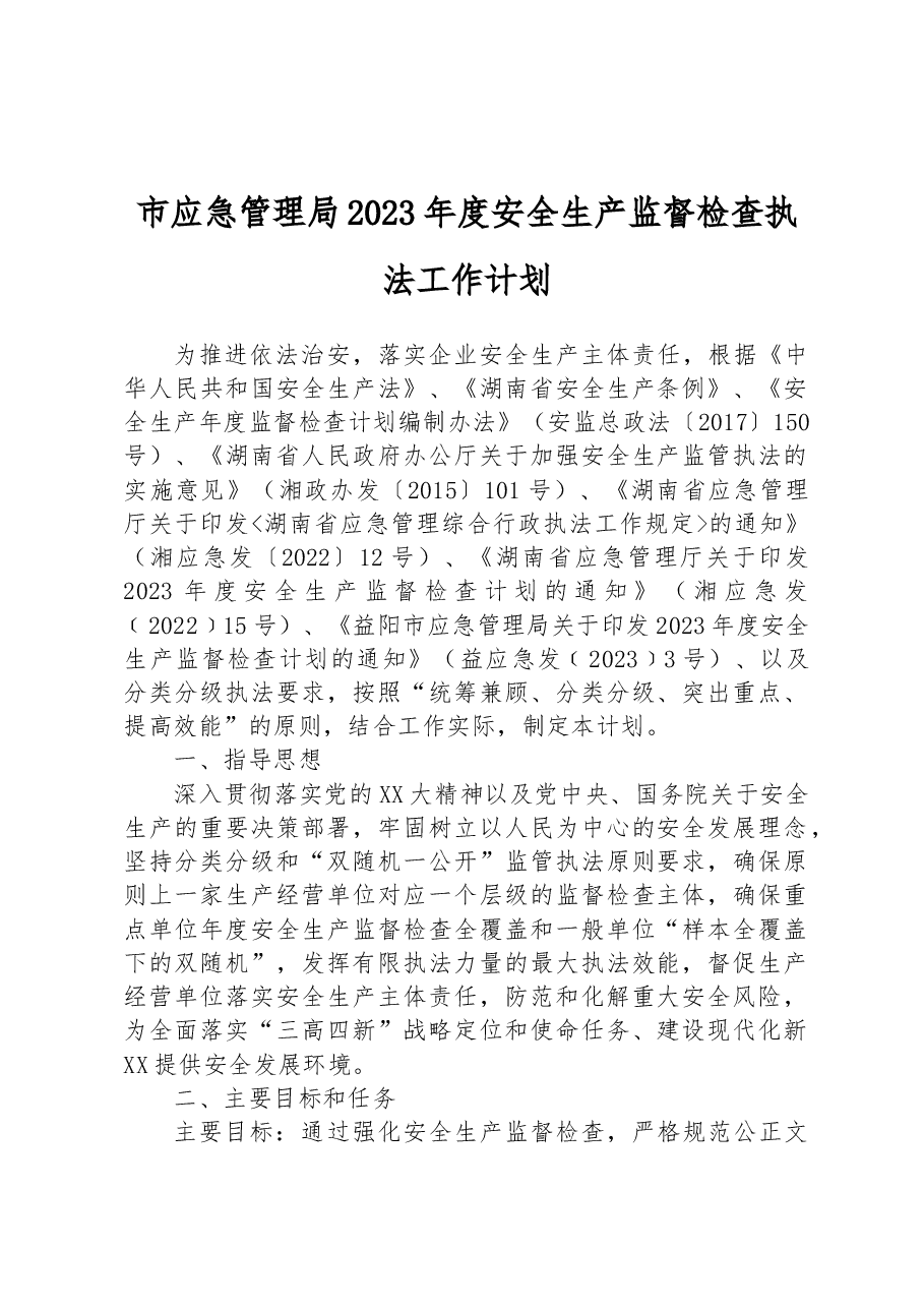 市应急管理局2023年度安全生产监督检查执法工作计划.docx,第1页预览