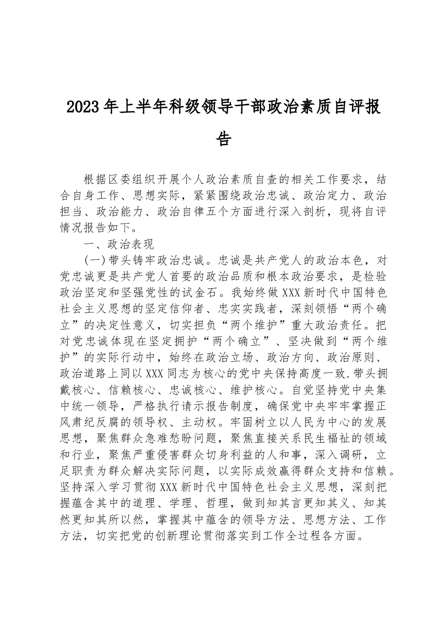 2023年上半年科级领导干部政治素质自评报告.docx,第1页预览