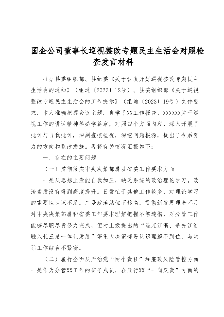 国企公司董事长巡视整改专题民主生活会对照检查发言材料.docx,第1页预览