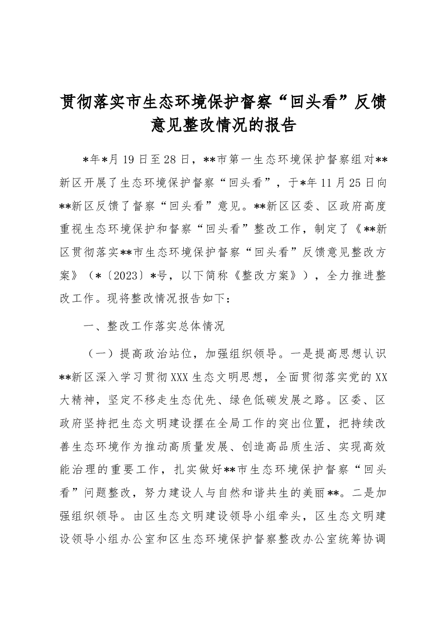 贯彻落实市生态环境保护督察“回头看”反馈意见整改情况的报告.docx,第1页预览
