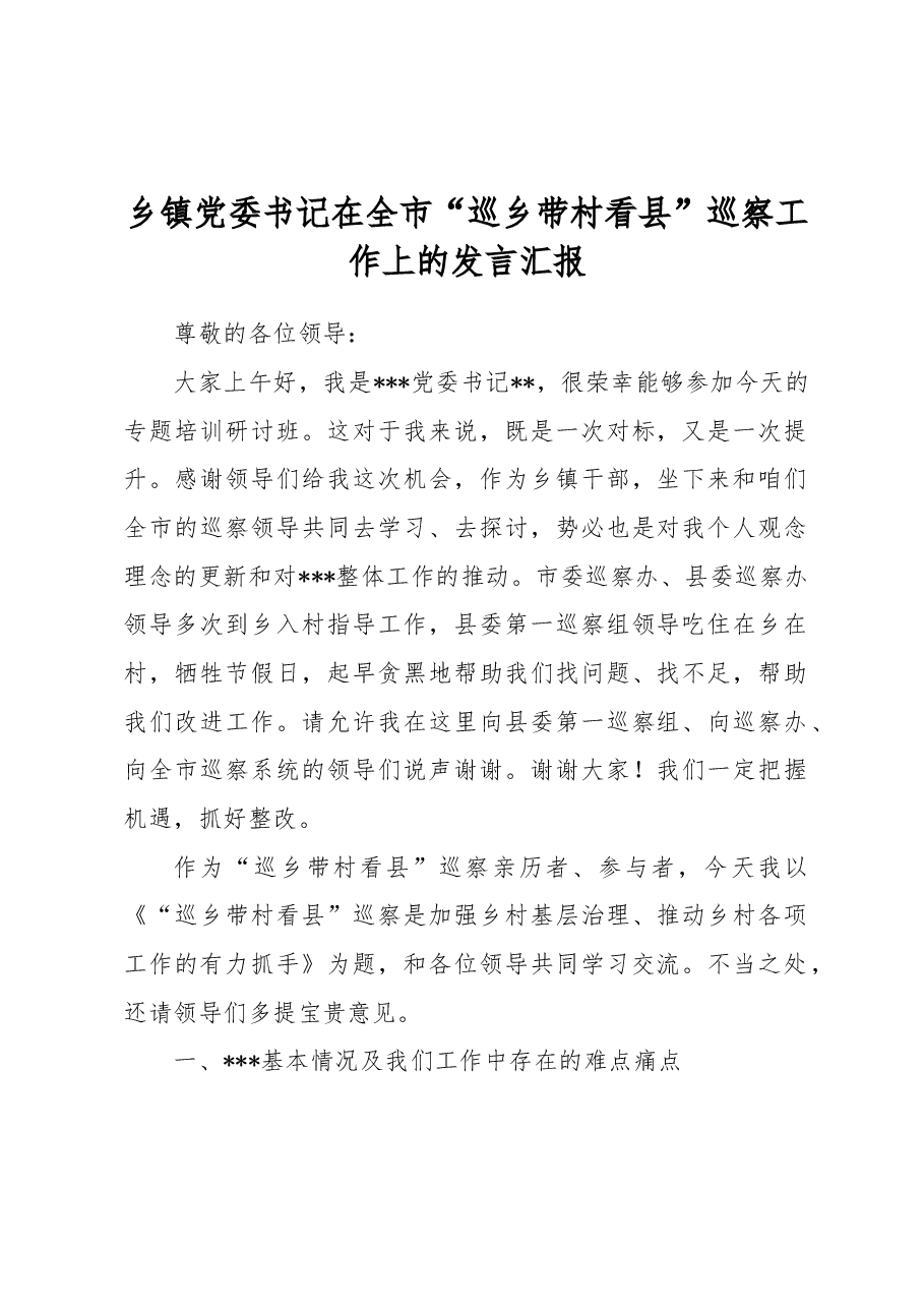 乡镇党委书记在全市“巡乡带村看县”巡察工作上的发言汇报.docx,第1页预览