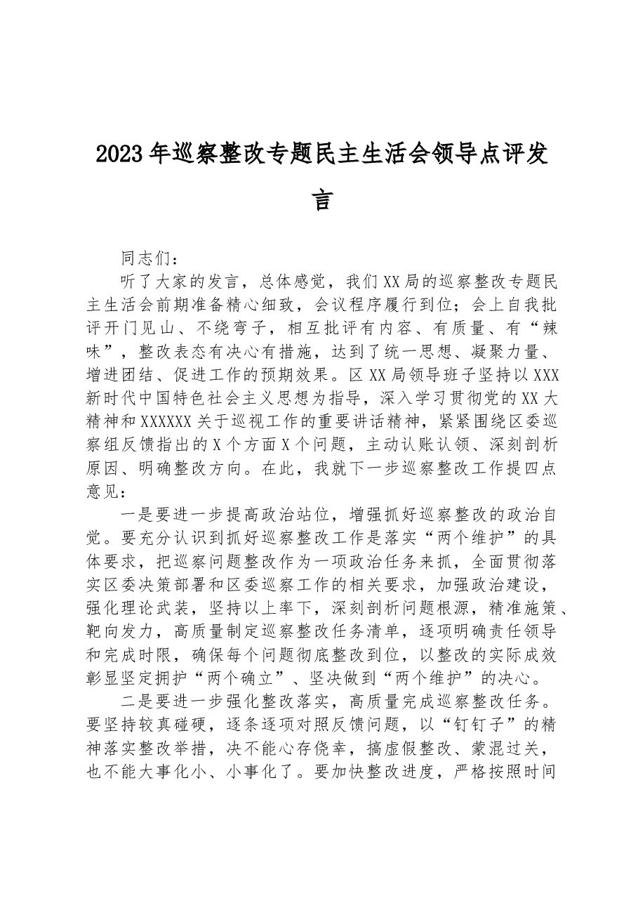 2023年巡察整改专题民主生活会领导点评发言.docx,第1页预览