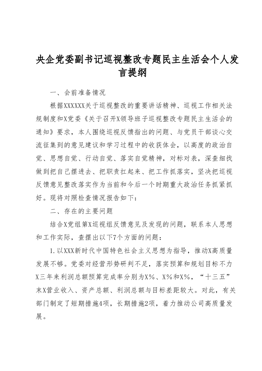 央企党委副书记巡视整改专题民主生活会个人发言提纲.docx,第1页预览