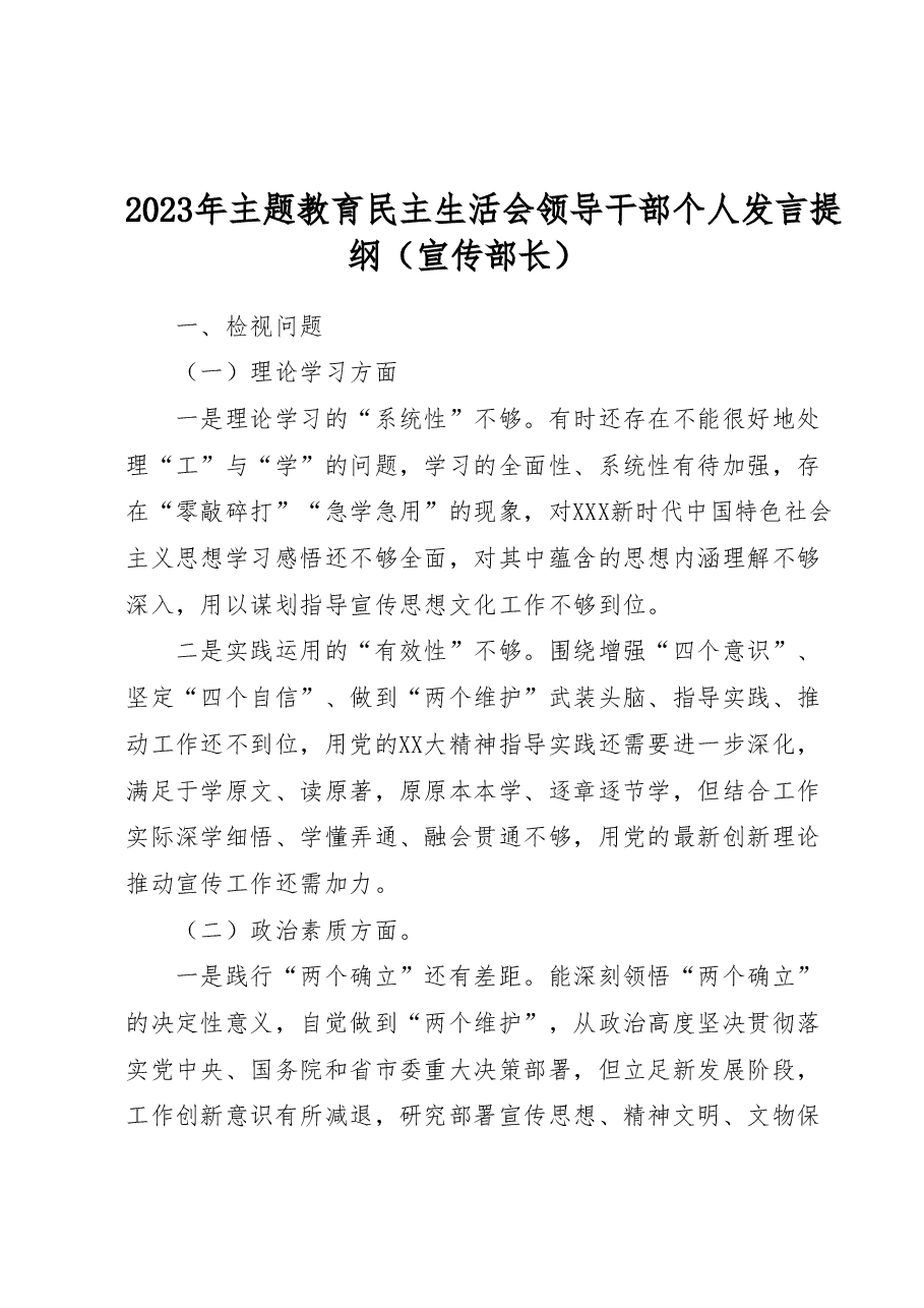 2023年主题教育民主生活会领导干部个人发言提纲(宣传部长).docx,第1页预览