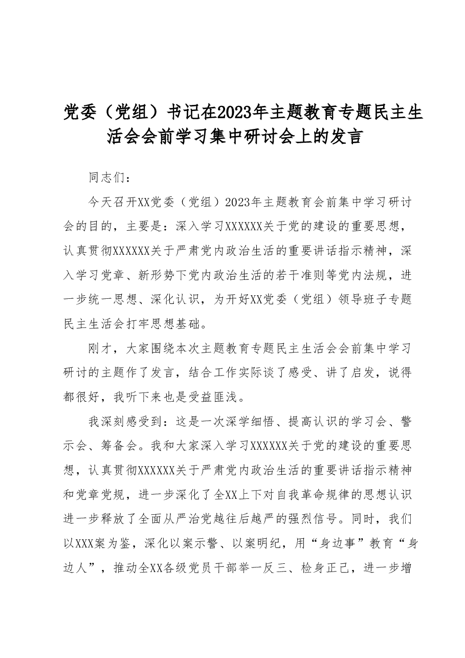 党委(党组)书记在2023年主题教育专题民主生活会会前学习集中研讨会上的发言.docx,第1页预览