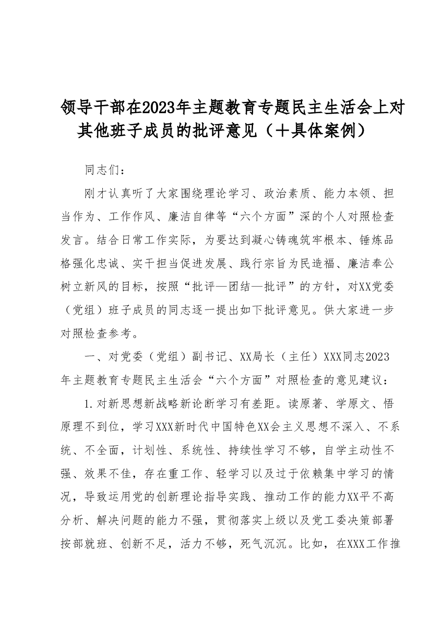领导干部在2023年主题教育专题民主生活会上对其他班子成员的批评意见(+具体案例).docx,第1页预览