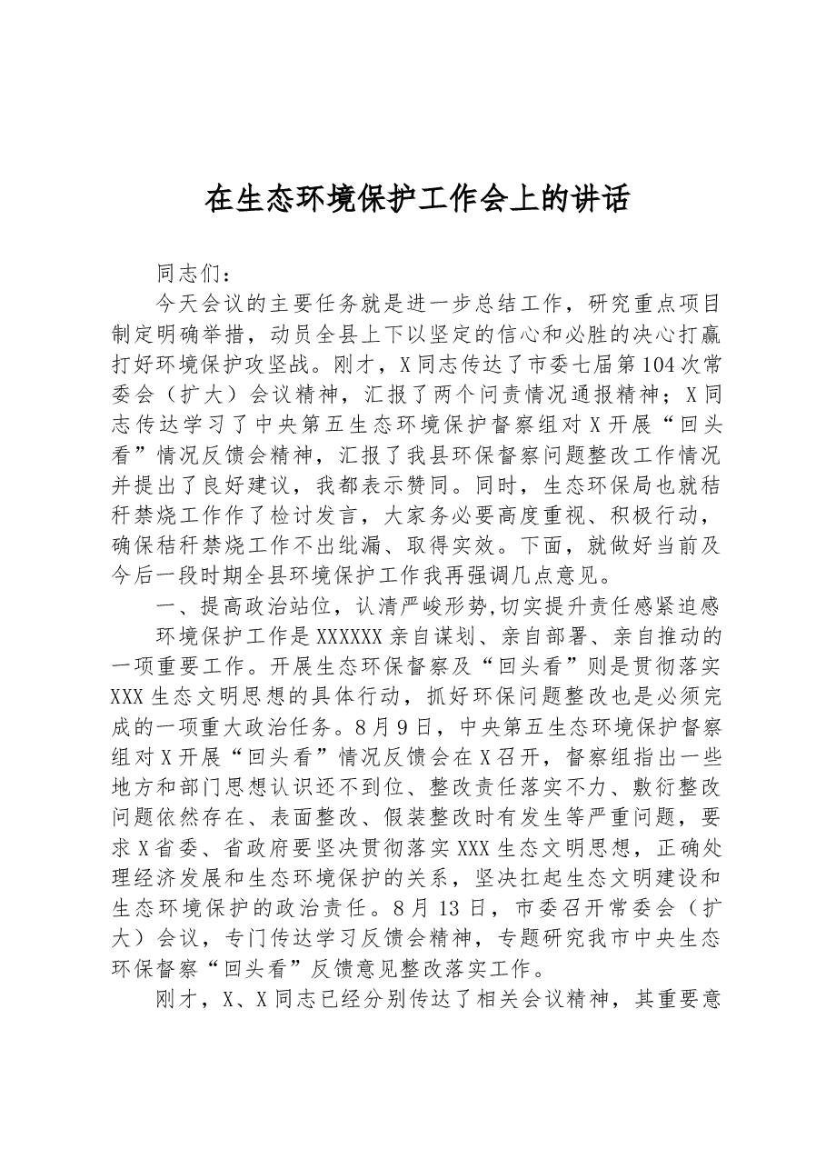 在生态环境保护工作会上的讲话.docx,第1页预览
