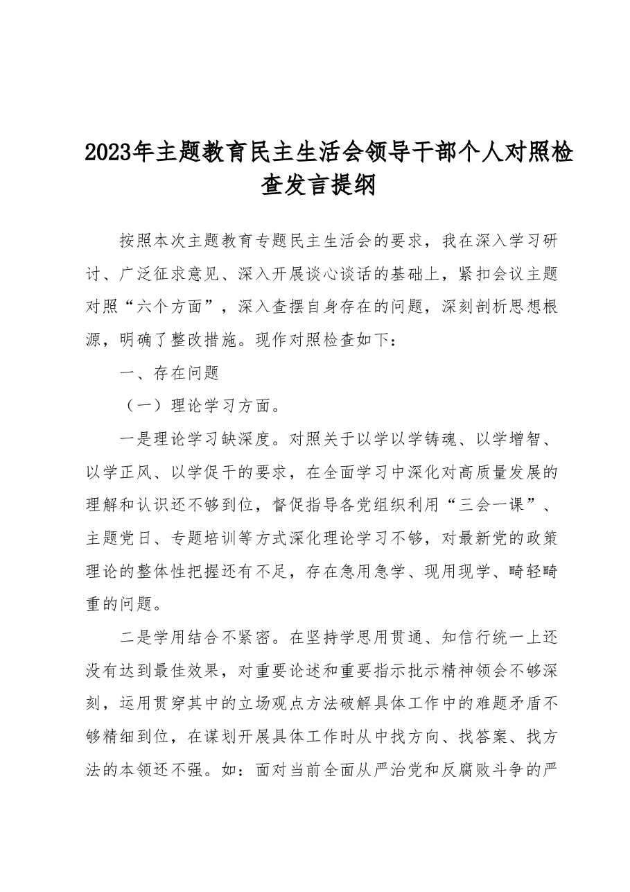 2023年主题教育民主生活会领导干部个人对照检查发言提纲.docx,第1页预览