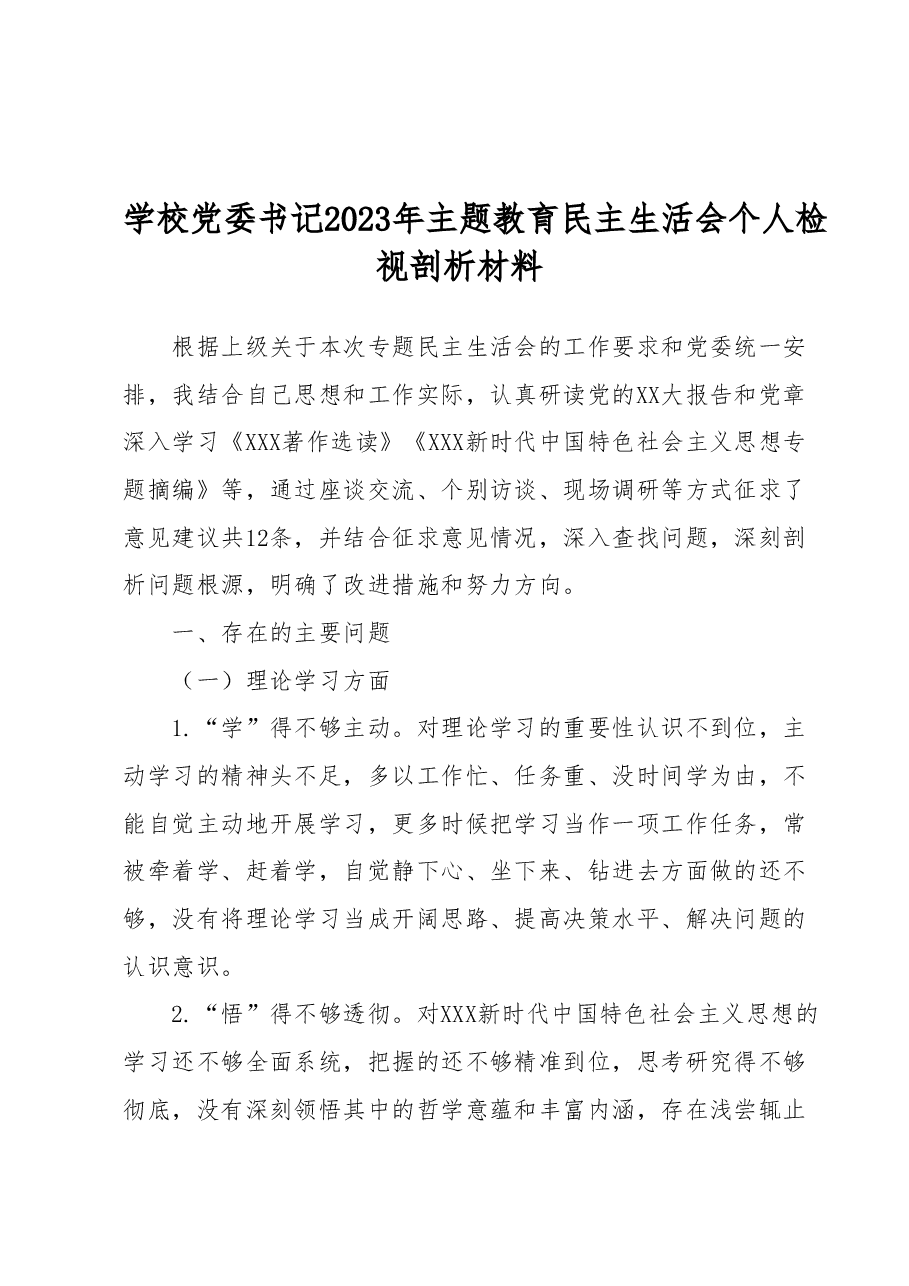 学校党委书记2023年主题教育民主生活会个人检视剖析材料.docx,第1页预览