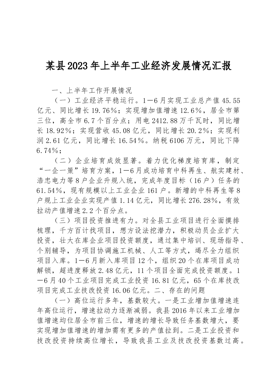 某县2023年上半年工业经济发展情况汇报.docx,第1页预览