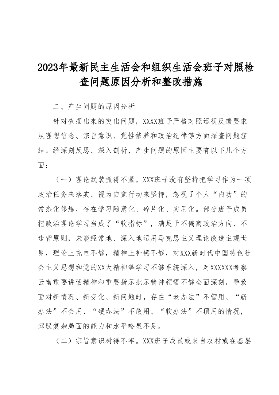 2023年最新民主生活会和组织生活会班子对照检查问题原因分析和整改措施.docx,第1页预览