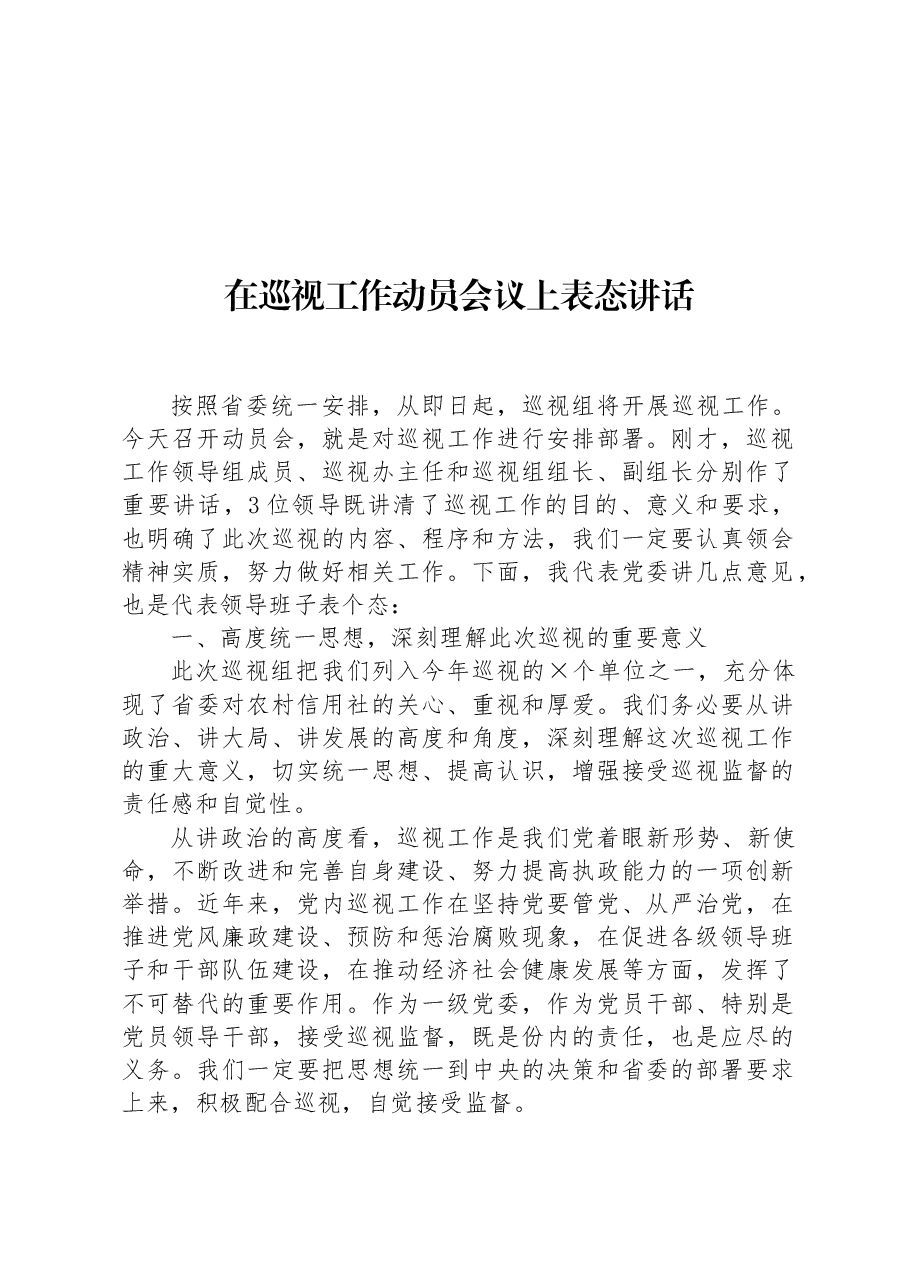在巡视工作动员会议上表态讲话.docx，第1页预览