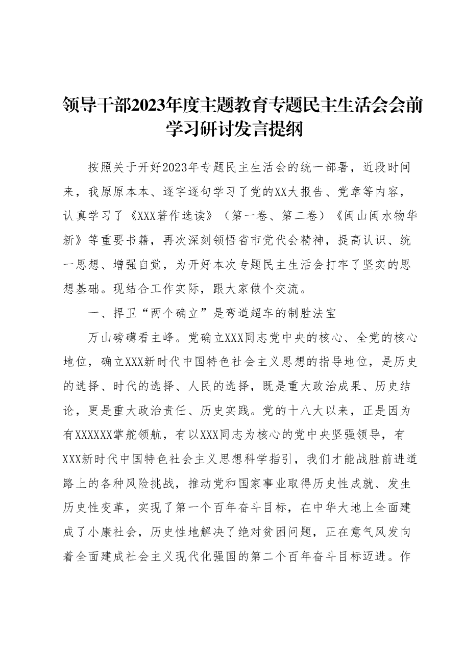 领导干部2023年度主题教育专题民主生活会会前学习研讨发言提纲.docx,第1页预览