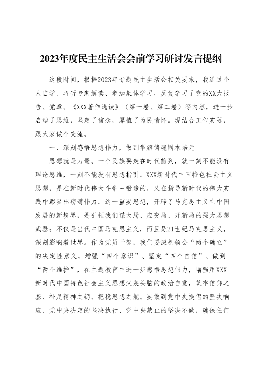 2023年度民主生活会会前学习研讨发言提纲.docx,第1页预览