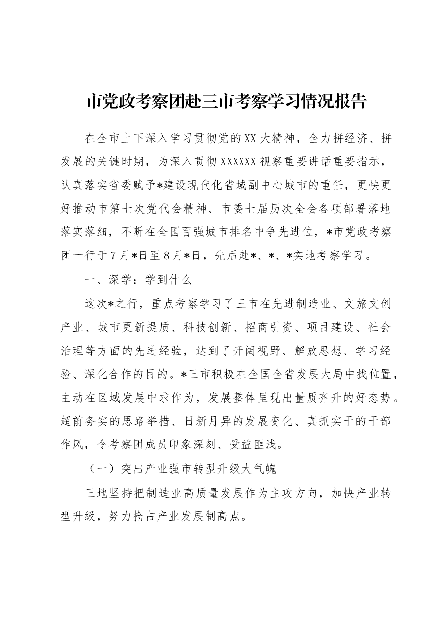 市党政考察团赴三市考察学习情况报告.docx,第1页预览