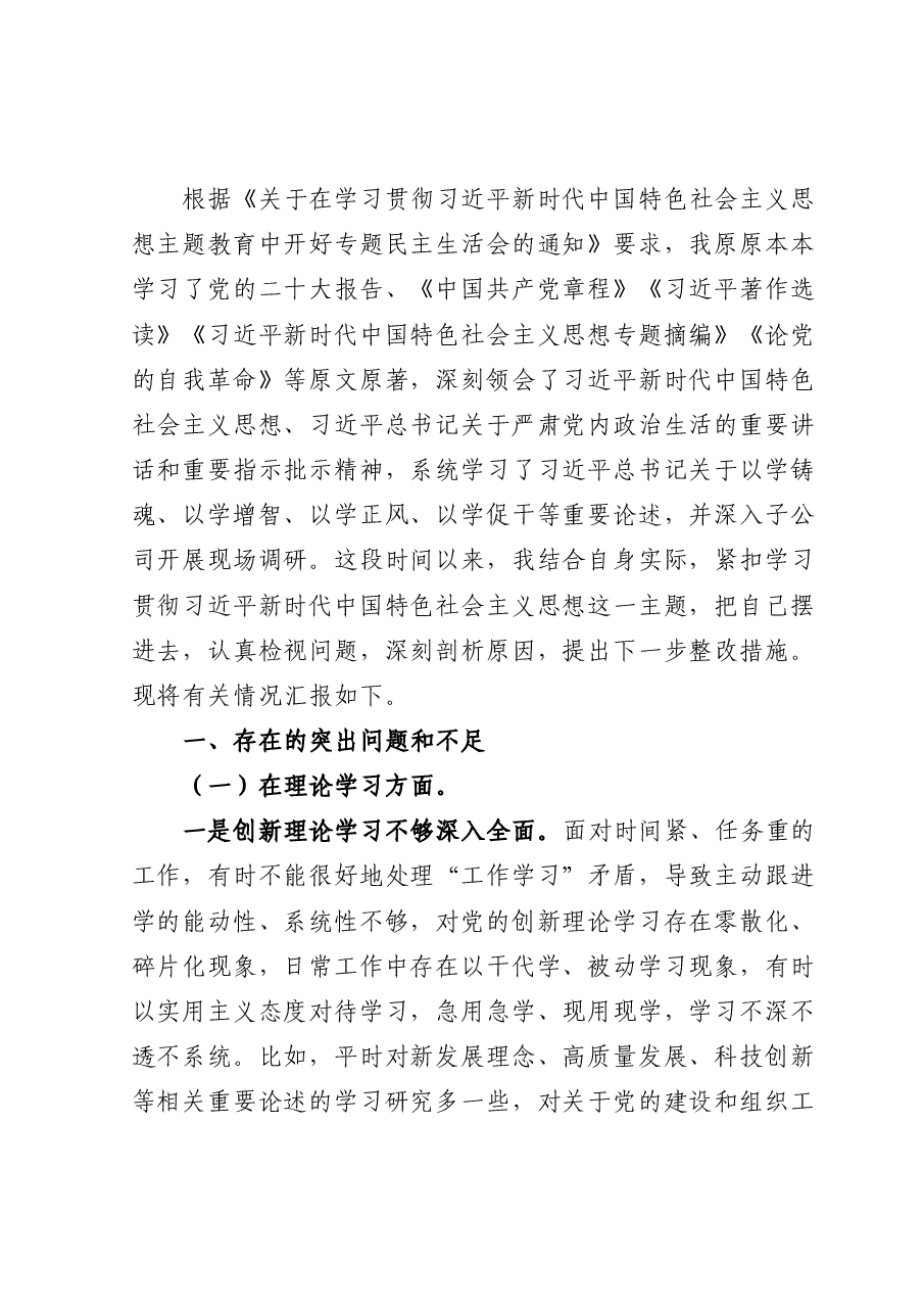 集团公司党委班子成员主题教育专题民主生活会个人对照检查.docx,第1页预览