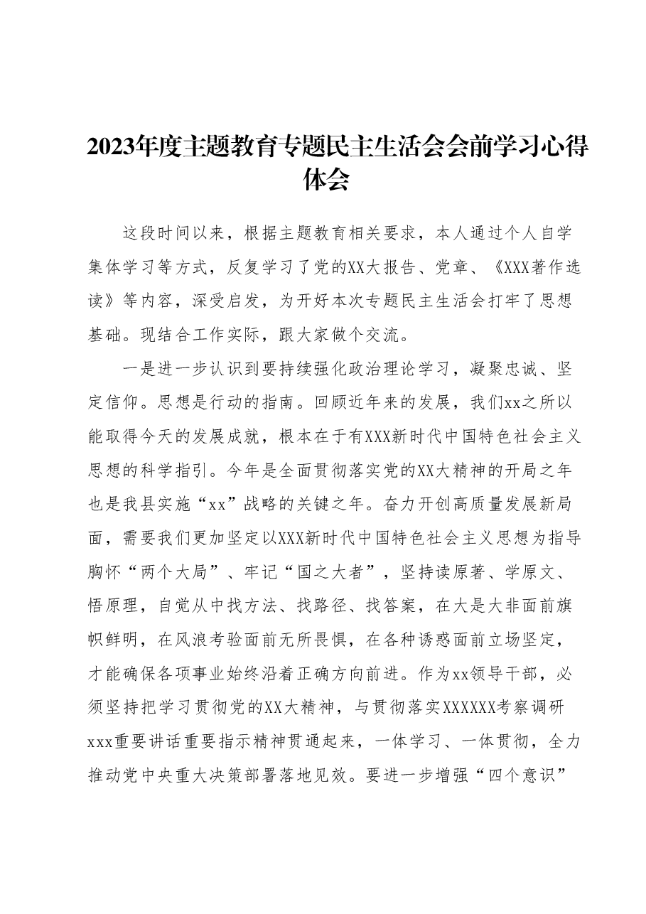 2023年度主题教育专题民主生活会会前学习心得体会.docx,第1页预览
