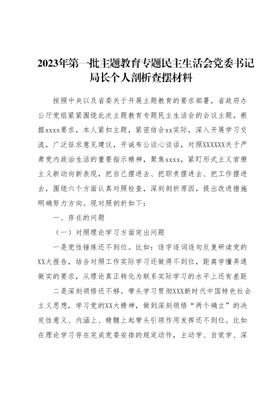 2023年第一批主题教育专题民主生活会党委书记局长个人剖析查摆材料.docx,第1页预览