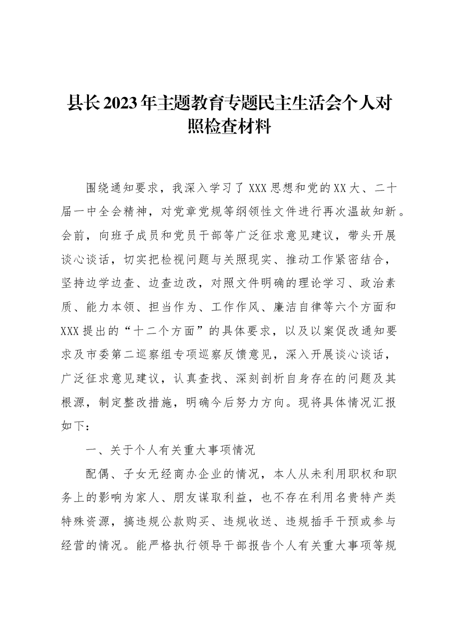 县长2023年主题教育专题民主生活会个人对照检查材料.docx,第1页预览